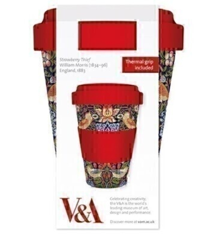 Have your morning coffee/tea in style with this illustrated reusable bamboo travel mug from the Victoria and Alberts collection. Featuring William Morris iconic Strawberry Thief (1883) Design. Bold pattern and red thermal grip included. It is a perfect accessory to any outfit. 136mm x 92mm. 16oz/450ml. Dishwasher proof.  Food safe and FDA approved.